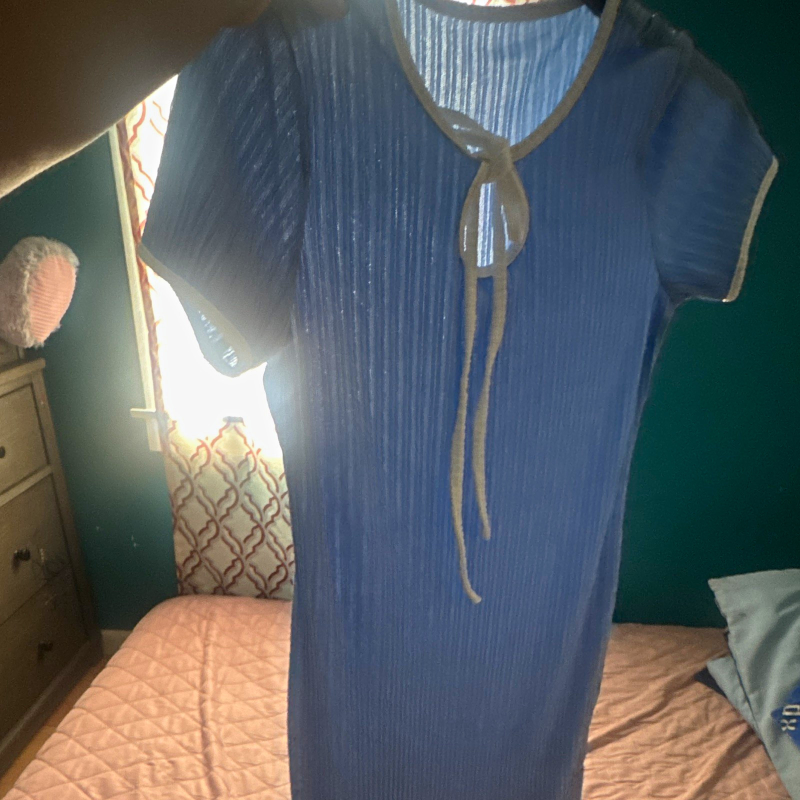 !it Blue Nylon Ribbed Knit Shift Dress Short Sleeve Short Tie Neck M/L