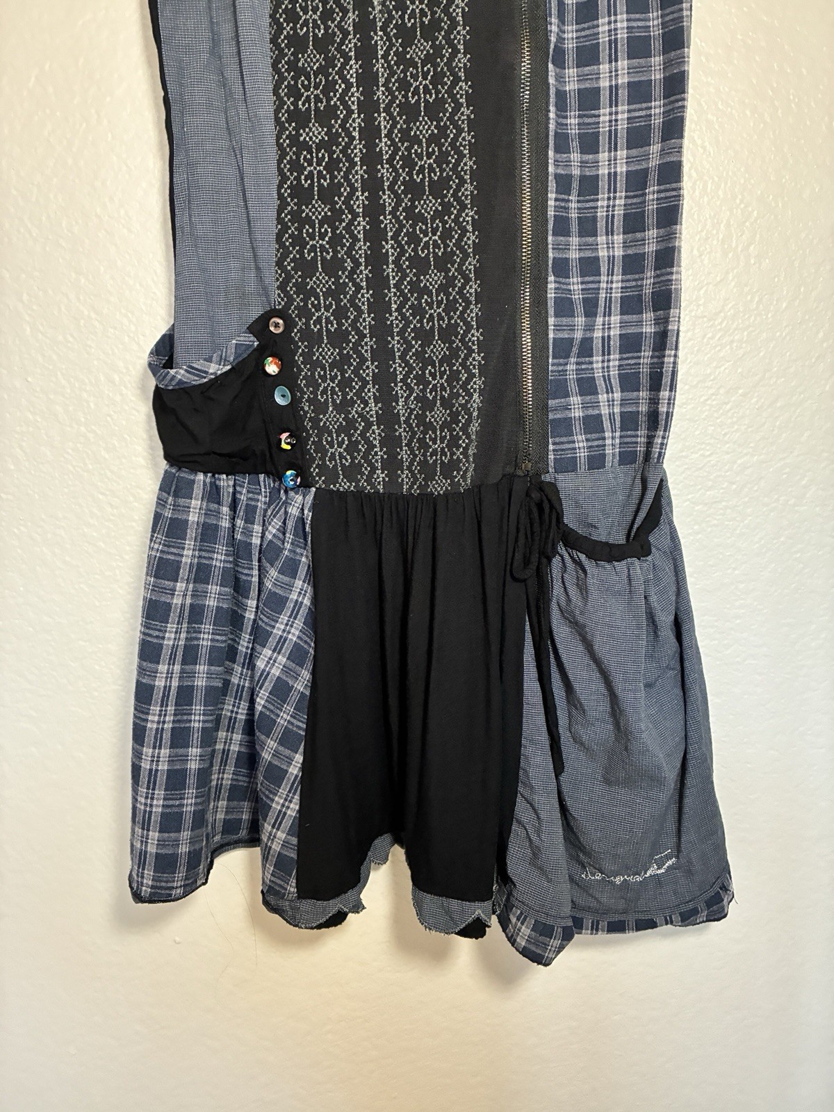Desigual Plaid Patchwork Sleeveless A-Line Dress Size M Blue/Black Zip Pockets