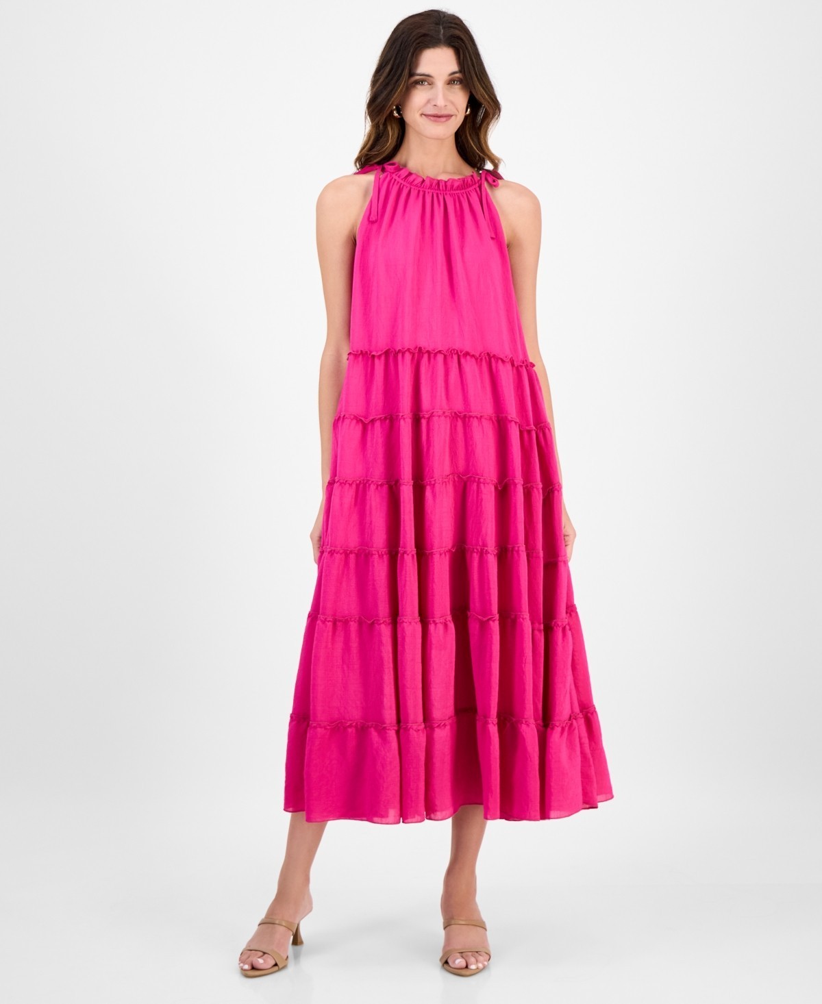 Signature by Robbie Bee Tiered Ruffled-Neck Midi Dress Women’s Large Pink