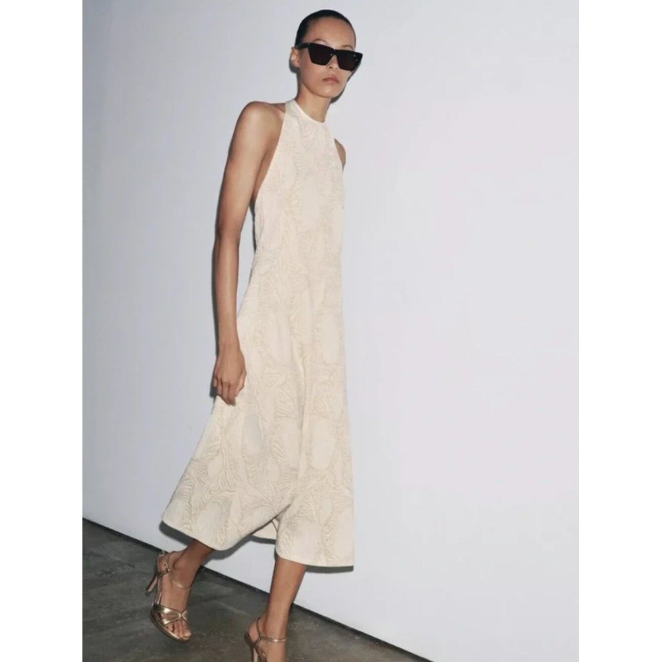 Zara Halter Jacquard Midi Dress In Cream & Gold Size L NWT