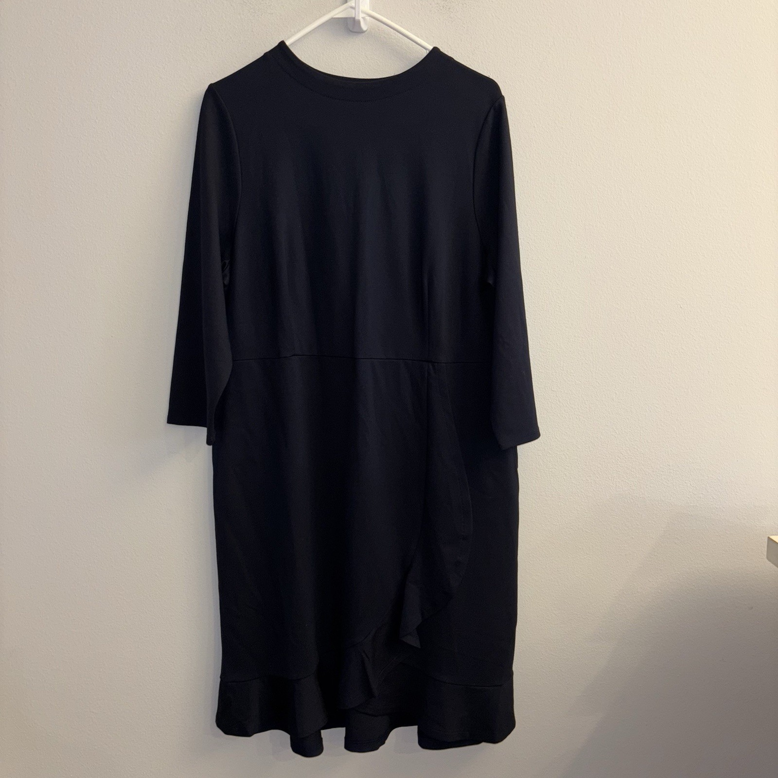 J Jill Ponte Jersey Dress Large Navy Blue Ruffle 3/4 Sleeve Slide Pockets NEW