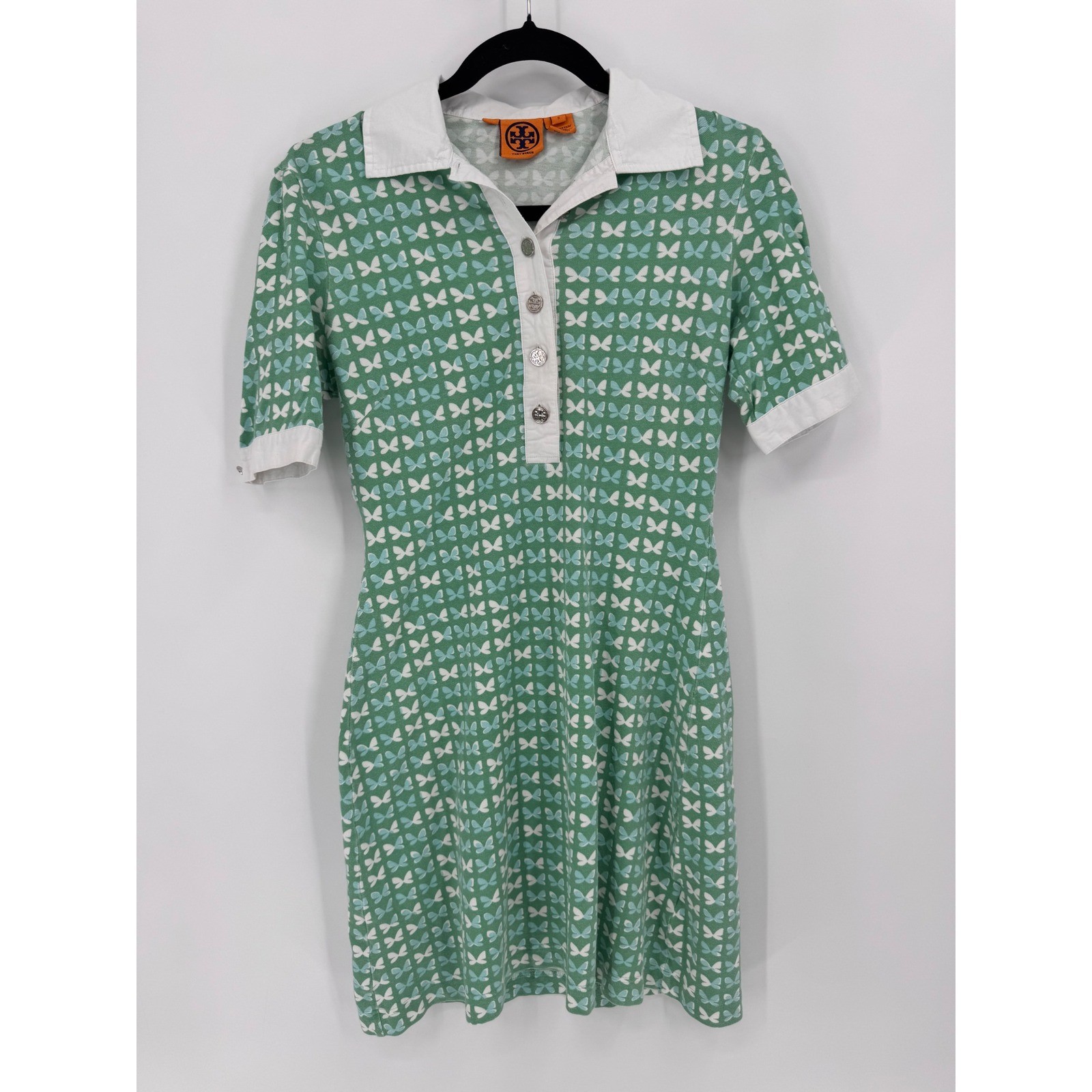 Tory Burch Polo Dress Women Small Green Butterfly Logo Button Stretch Pique
