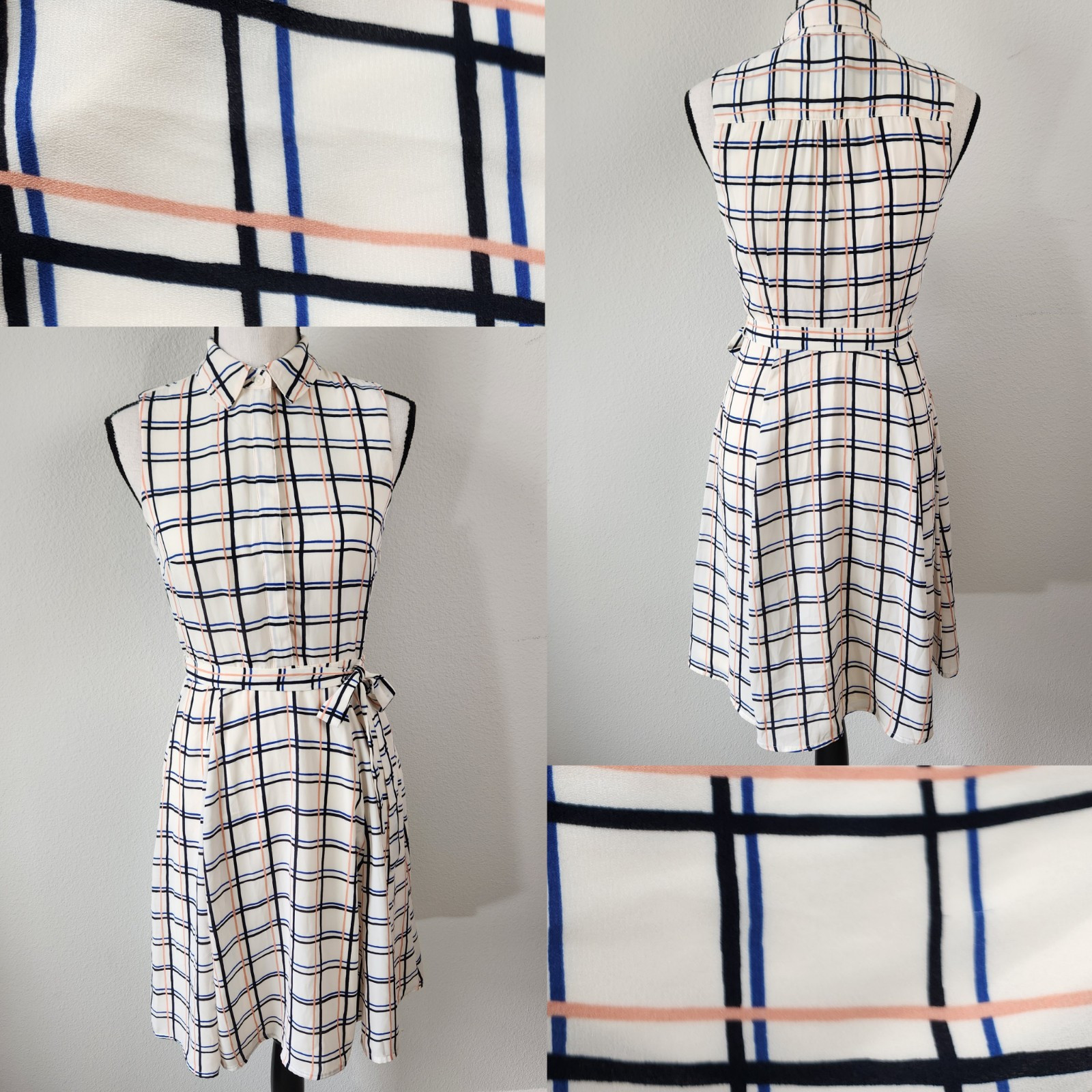 NEW Banana Republic Womens Size 0 White Blue Peach Plaid Sleeveless Tie Dress