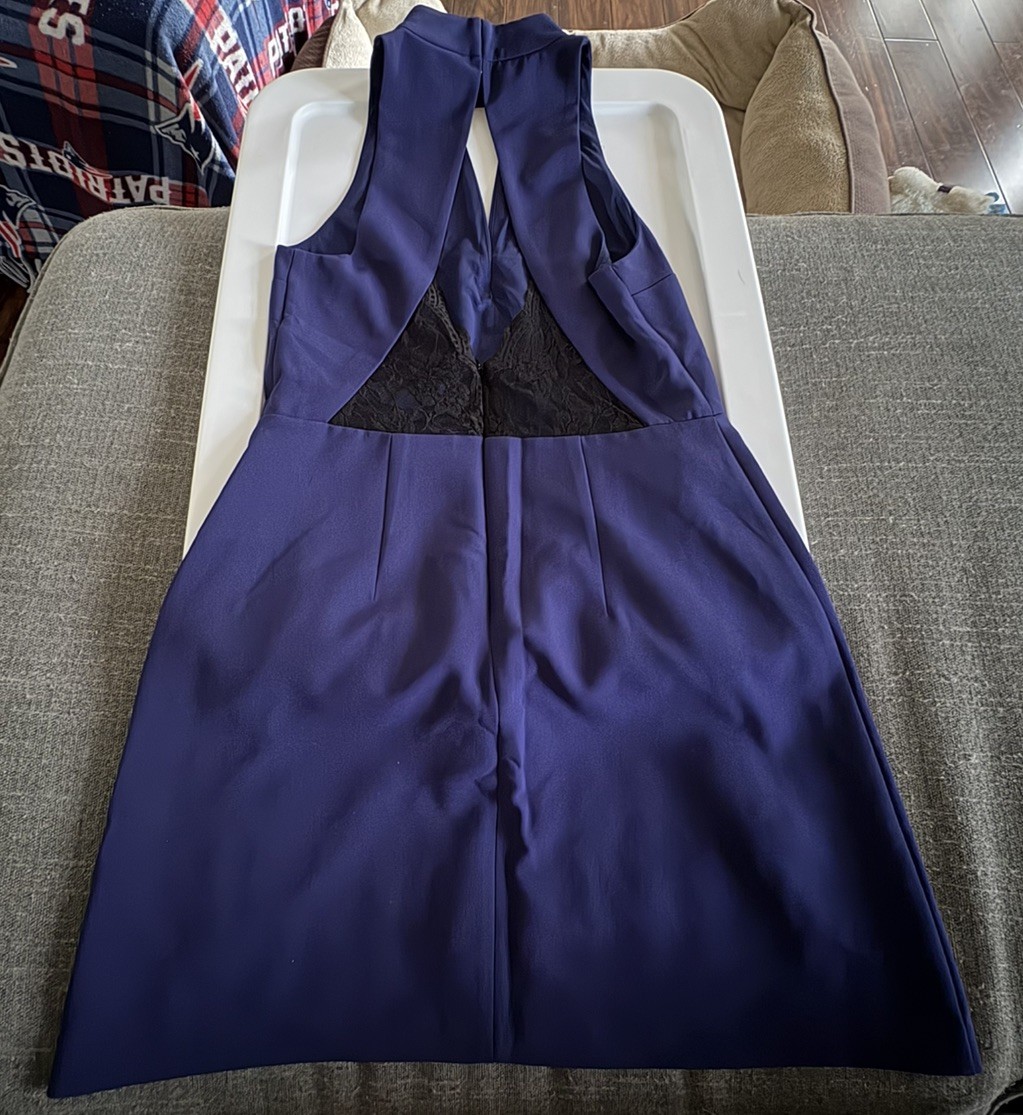 Express High Neck Blue Black V-Neck Lined Sleeveless Dress Lace Back Cutout 8
