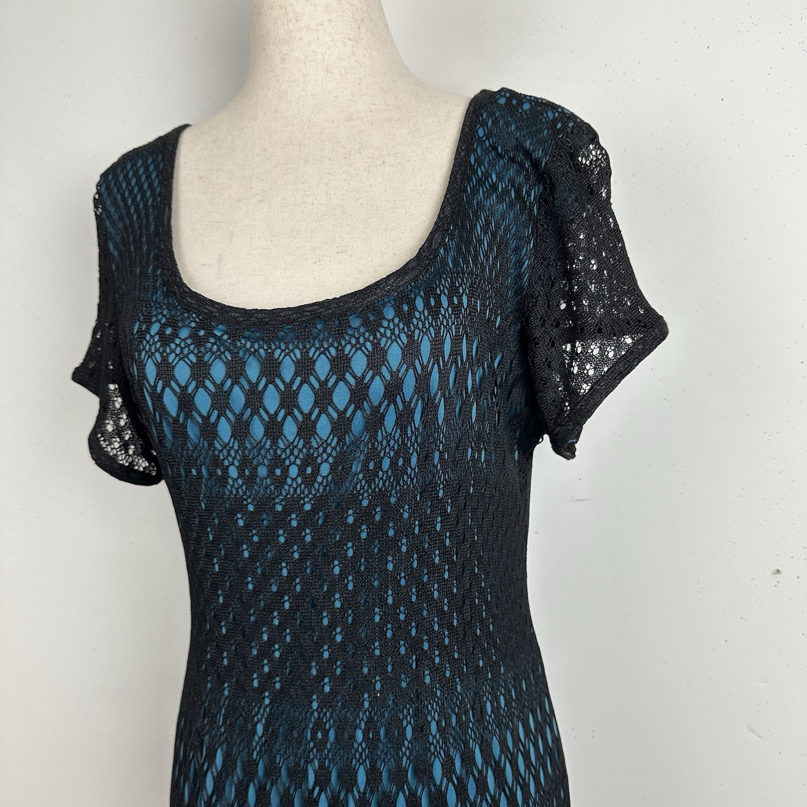 Vtg Maxi Dress Black Crochet Blue Lined 90s Y2K Whimsigoth Fairy Grunge Boho L