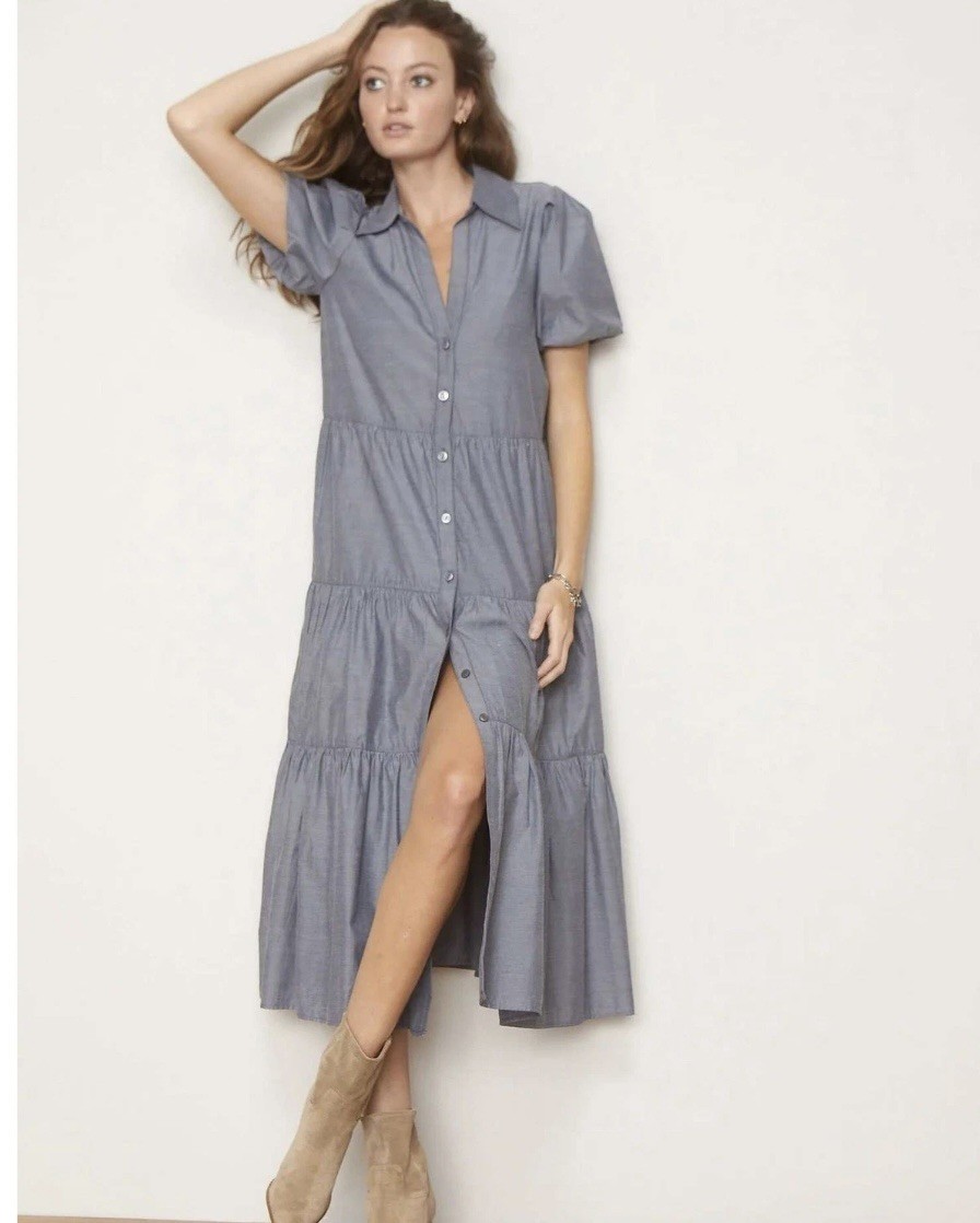 Brochu Walker Havana Shirt Dress Washed Slate Tiered Midi Button Front Sz Small