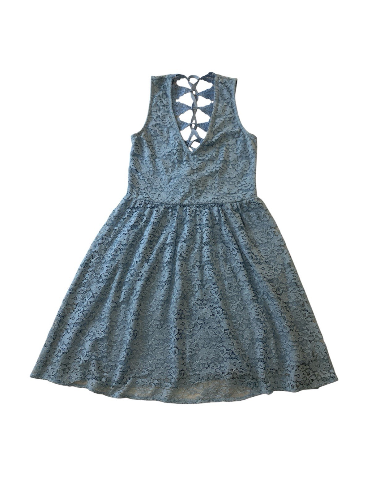 Alythea Light Blue Lace Dress Fit Flare Mini Lace Up Back Cottagecore Women’s S
