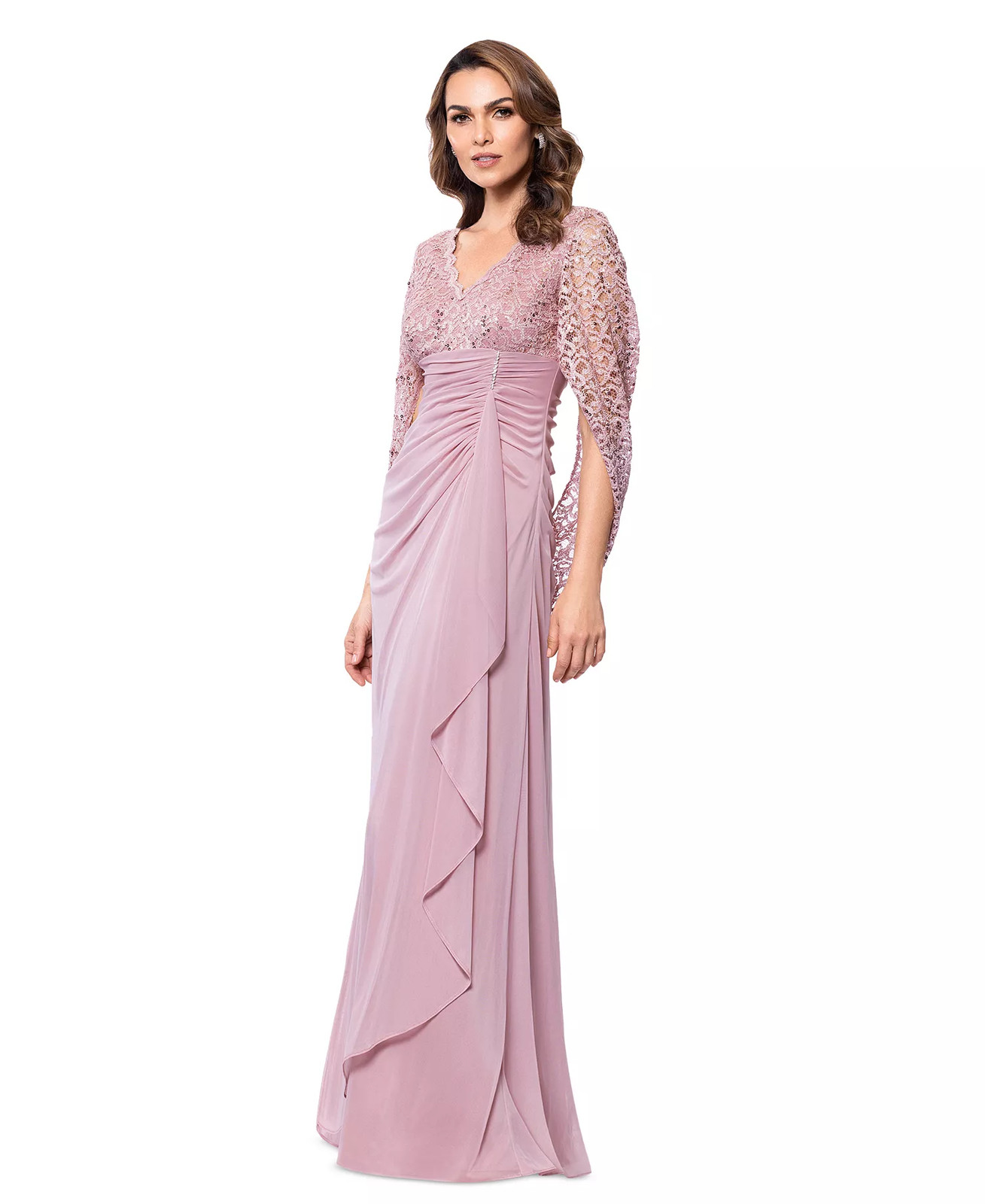 Betsy & Adam Chiffon Gown 16 Rose Lace Cape Rhinestones Ruffled NWT $189 FLAW!!