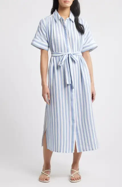 Caslon Stripe Shirt Dress Womens Medium Blue White Belted Coastal Midi NWT