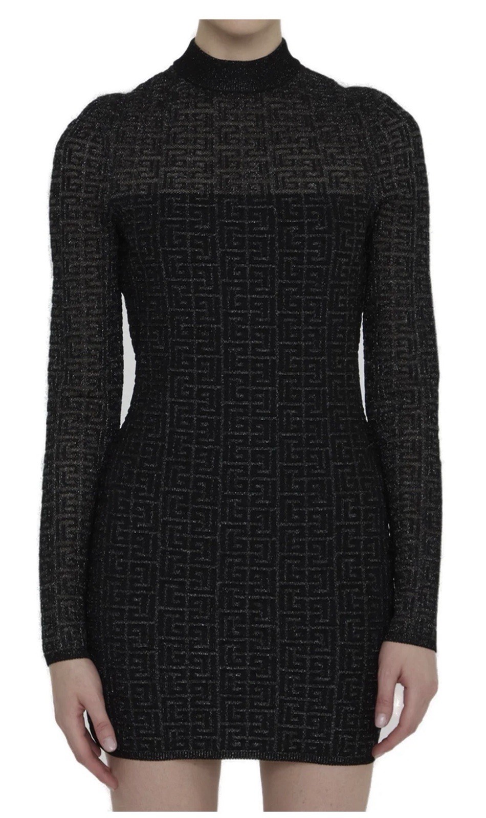 BALMAIN PARIS PB Monogram Knit Mini Dress Black Metallic Mock Neck FR 36 Small
