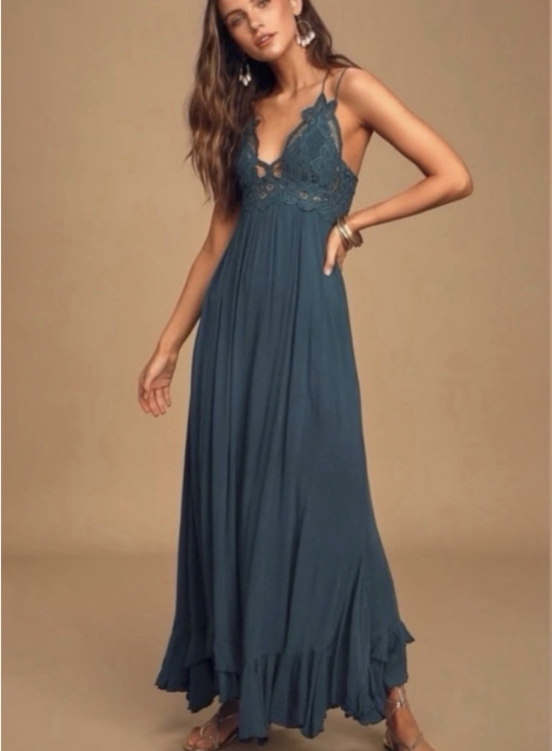 FREE PEOPLE “Adella” Maxi Slip Dress With Lace Top, Teal, Size S,