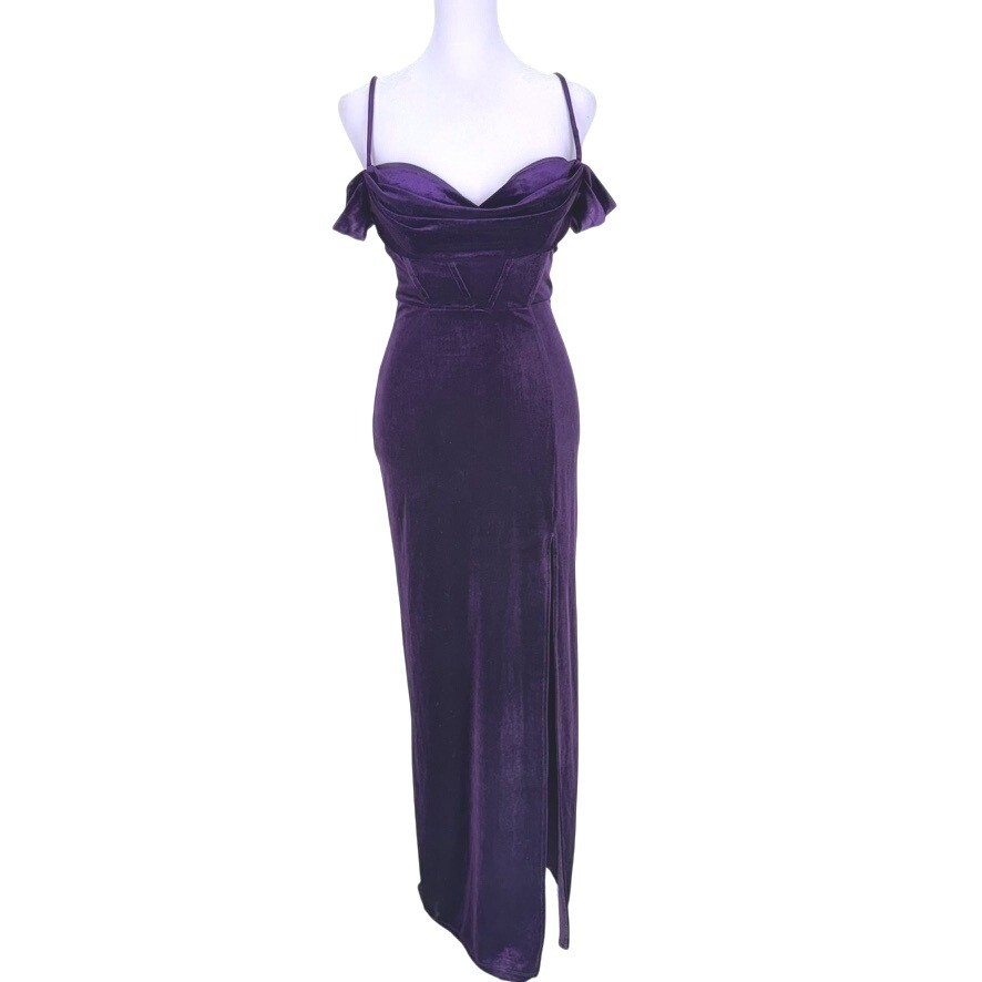 B. Smart Womens Gown Dress S Purple Velvet Corset Sweetheart Off-Shoulder Maxi