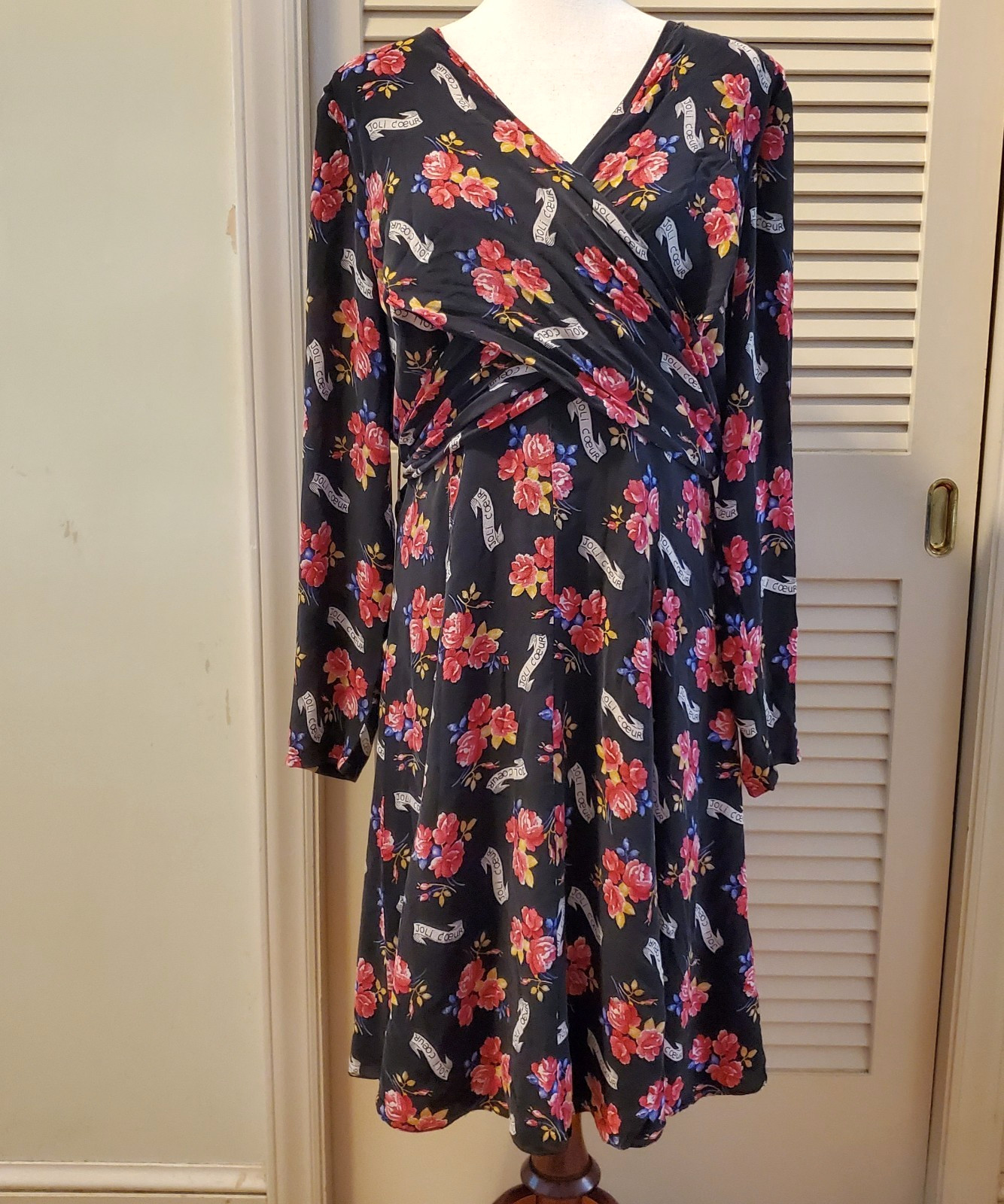 Dana Buchman Vintage Silk Black Floral French Joli Coeur Print Dress Size 10