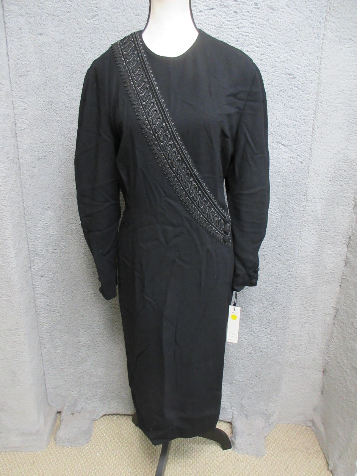 Vintage Linda Allard Ellen Tracy Dress Womens 6 Black Wool Embellished Midi