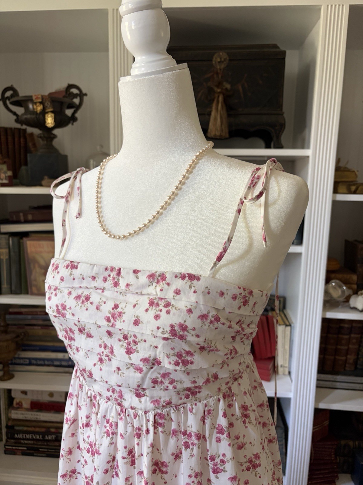 francesca’s Ivory/Pink Floral Maxi Dress Smocked Square Neck Tie Straps S