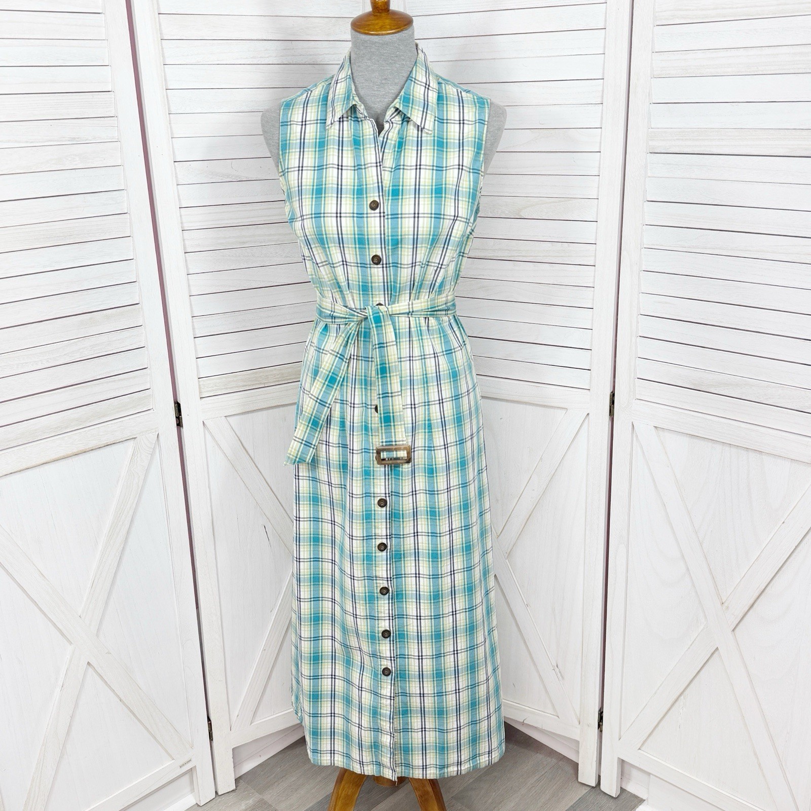 Croft & Barrow Shirt Dress 10 Green Yellow White Plaid Sleeveless Midi Belted