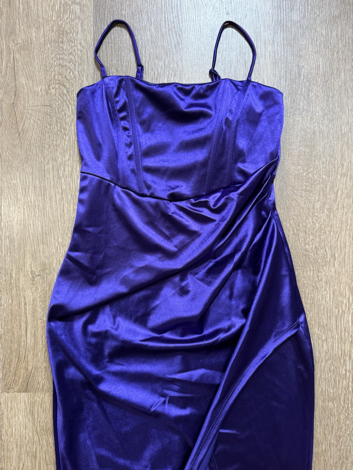 Windsor Purple Satin Straight Neck Spaghetti Strap Ruched Maxi Dress Women M