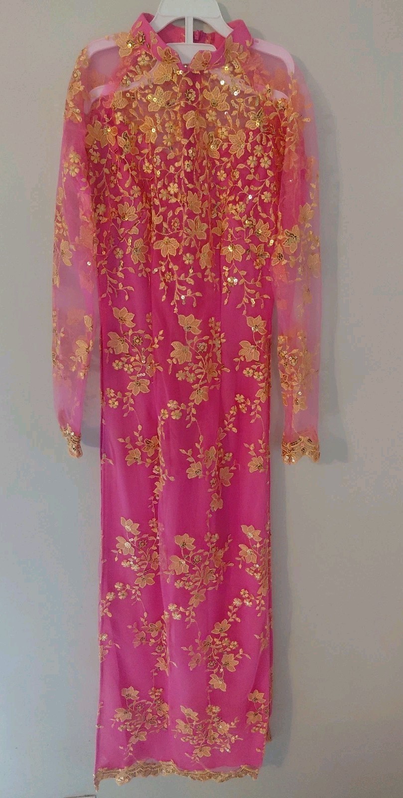 Hot Pink Floral Silk Ao Dai W/Gold Vietnamese Traditional Long Sleeve Ceremony