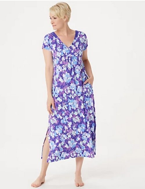 Carole Hochman Brushed Floral Lounge Maxi Dress Set Grey New Cardigan