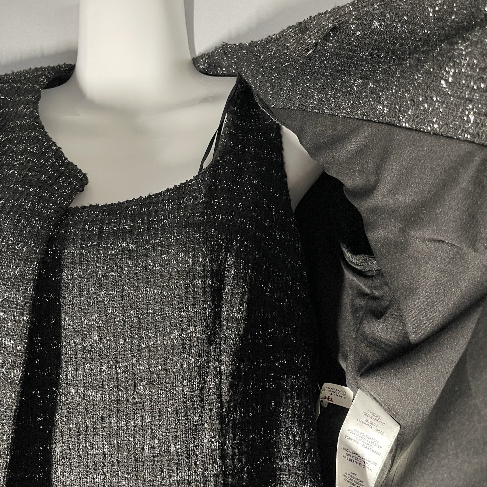 Taylor 2Pc Jacket/Shift Dress Set Size 6 Black Metallic Tweed Flounce Hem Money