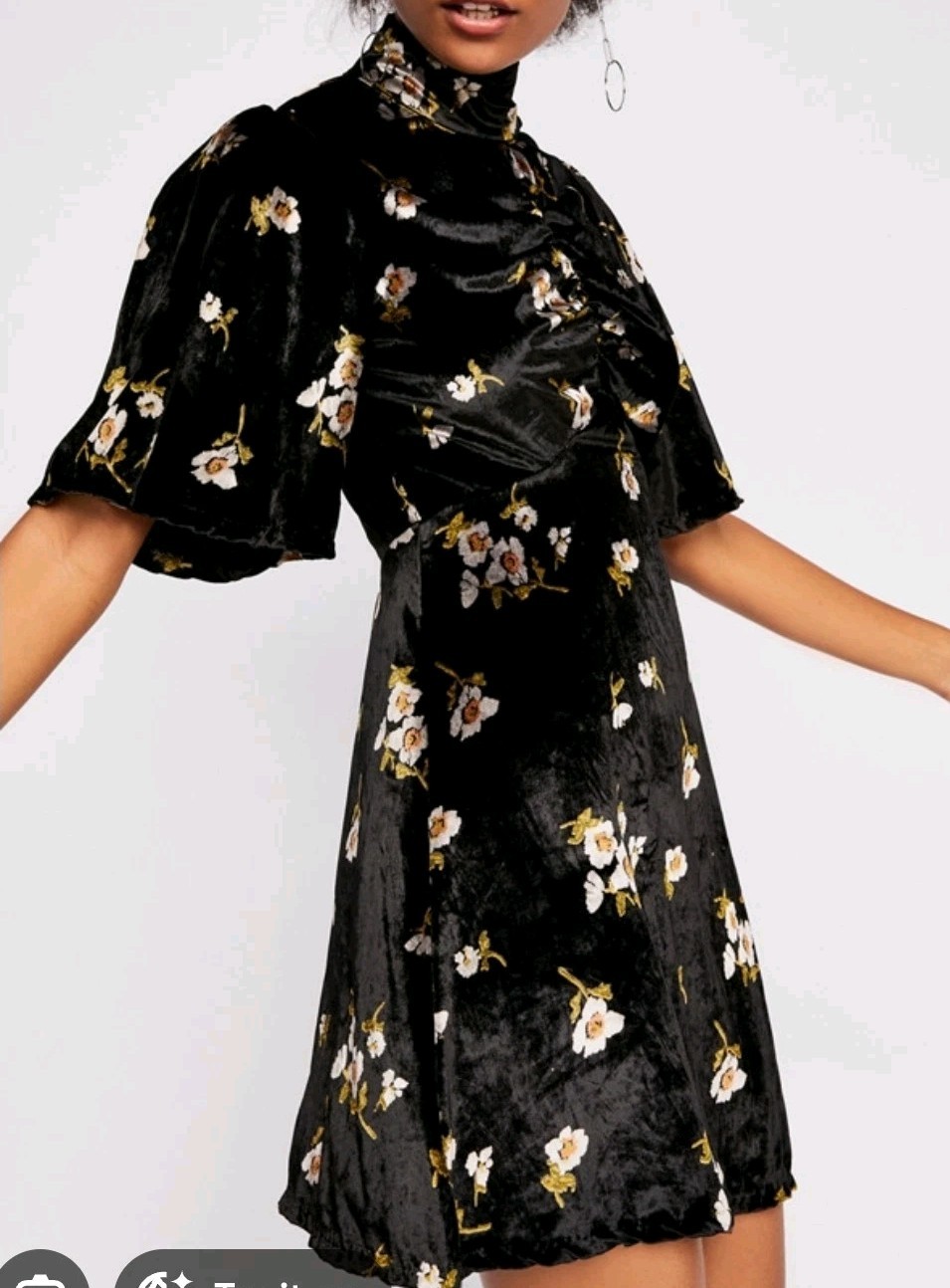 Free People Black Floral Velvet Mock Neck Mini Dress Flutter Sleeve Size S