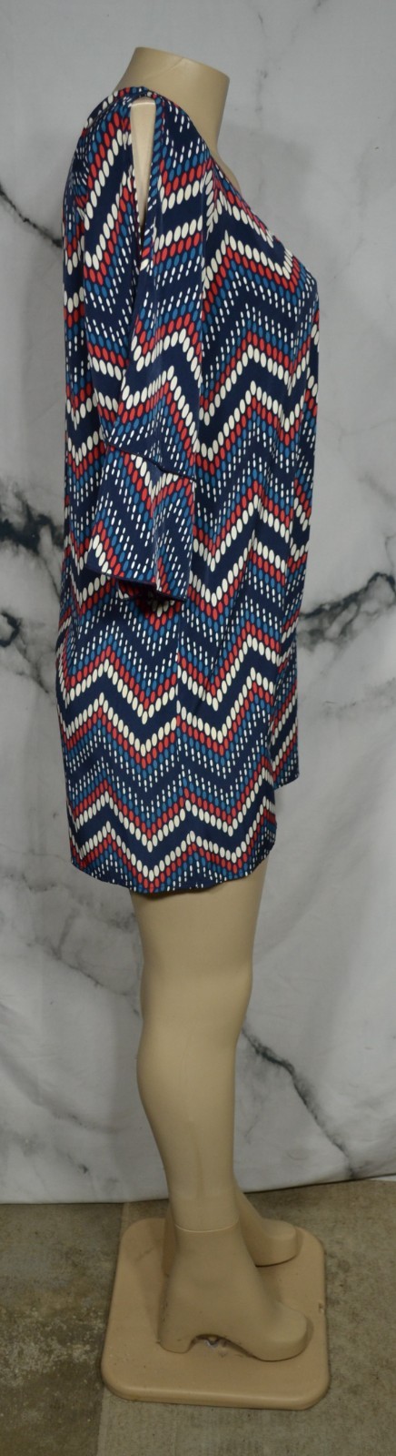 GLAM Black Beige Red Blue Oval Pattern Dress Medium 3/4 Split Flared Sleeves