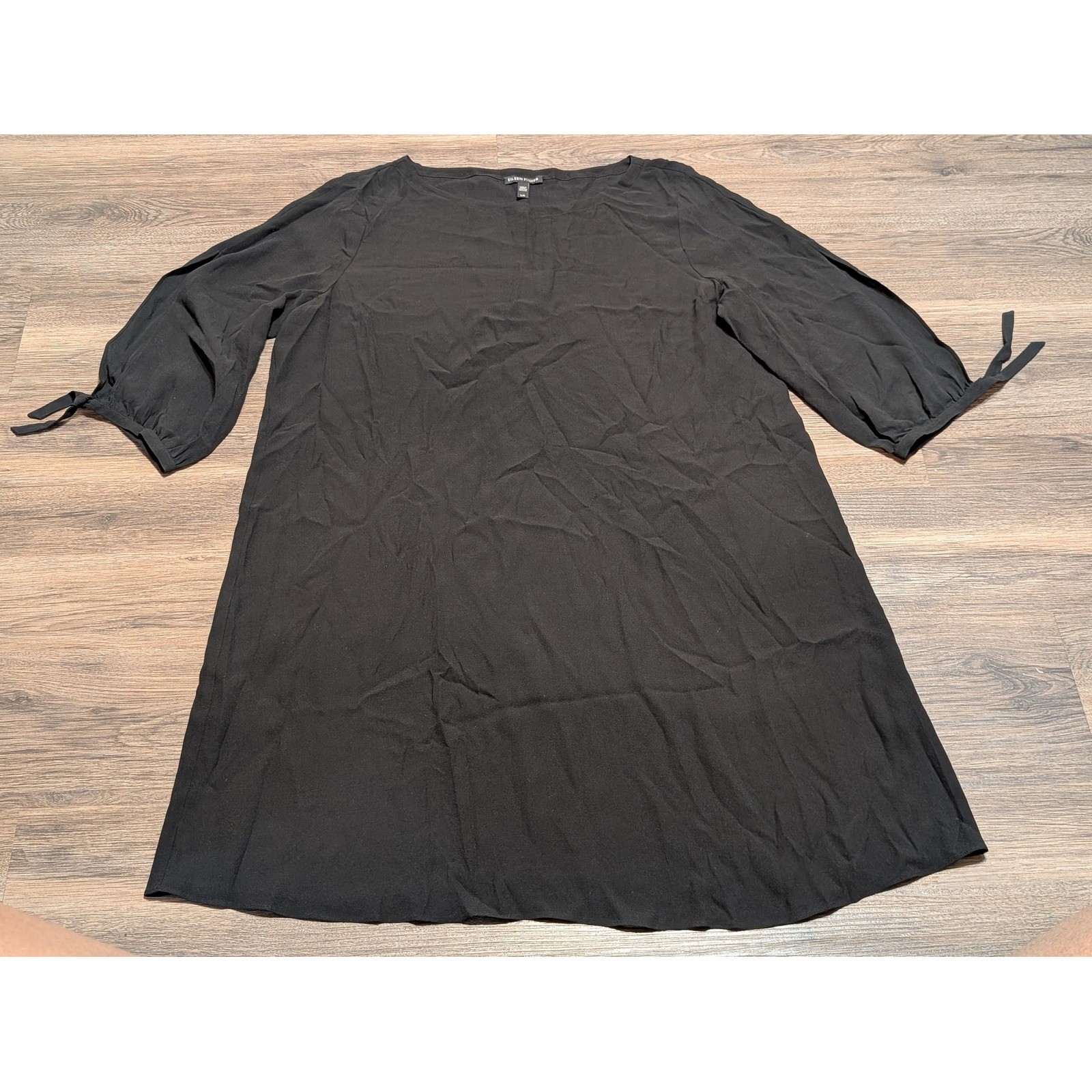 Eileen Fisher Black 100% Silk Tie Cuff 3/4 Sleeve Shift Dress Tunic Size Large