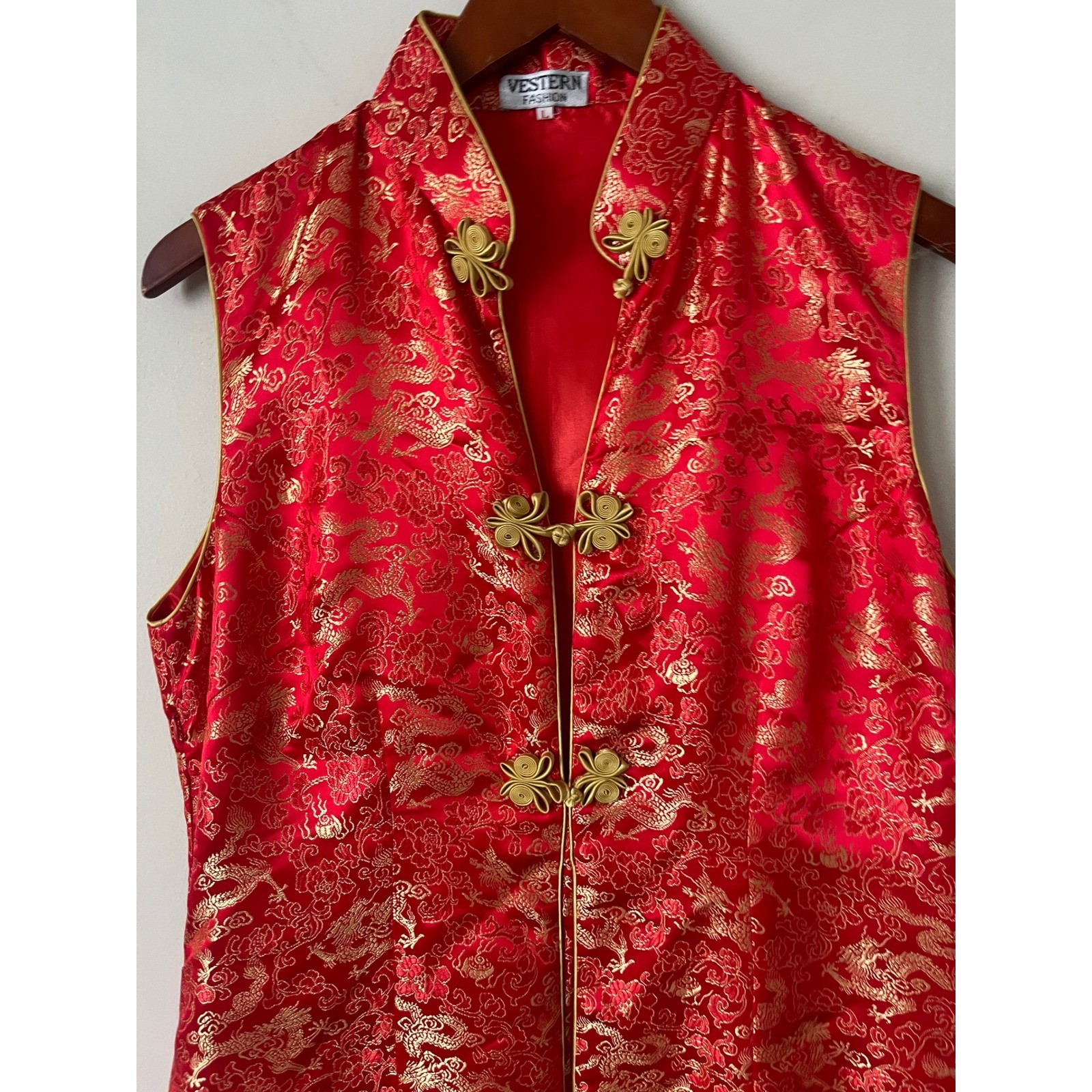Vestern Fashion Red Gold Dragon Brocade Cheongsam Qipao Maxi Dress L Sleeveless