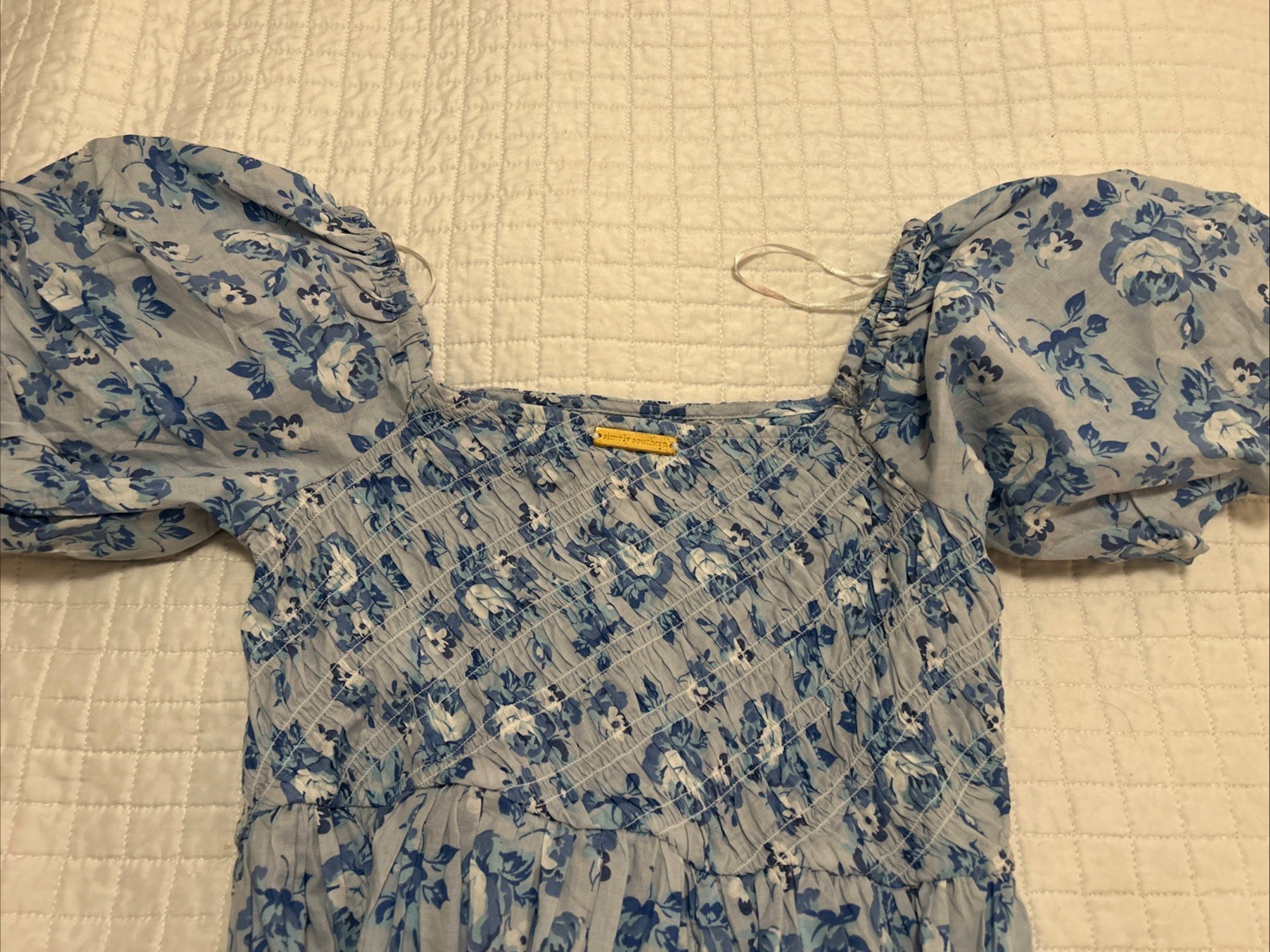 Simply Southern Medium Blue Puff Sleeve Savannah Maxi Dress Flower Cotton Boho