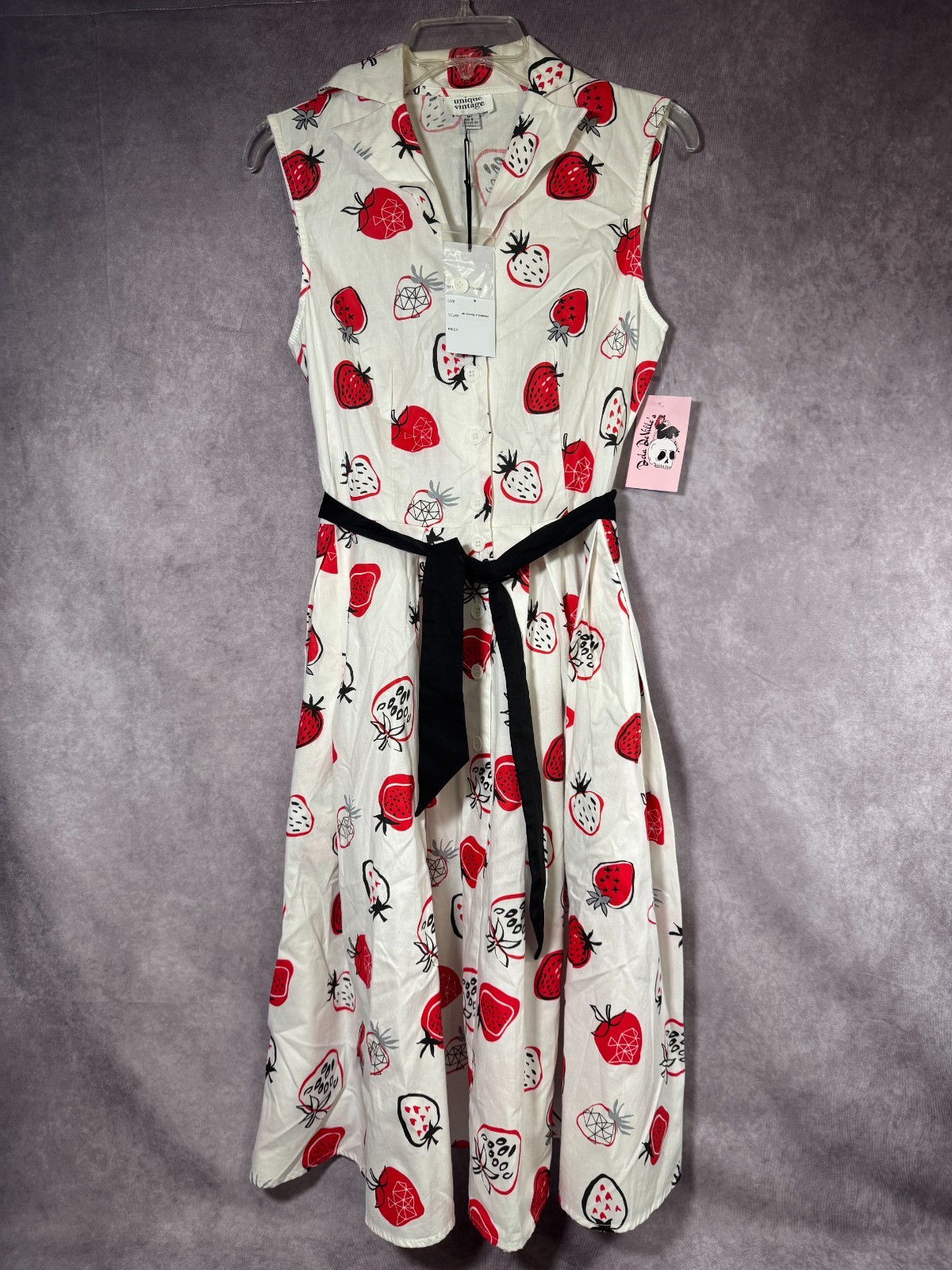 Unique Vintage MEDIUM White Strawberry Dress Retro Collared Tie Button