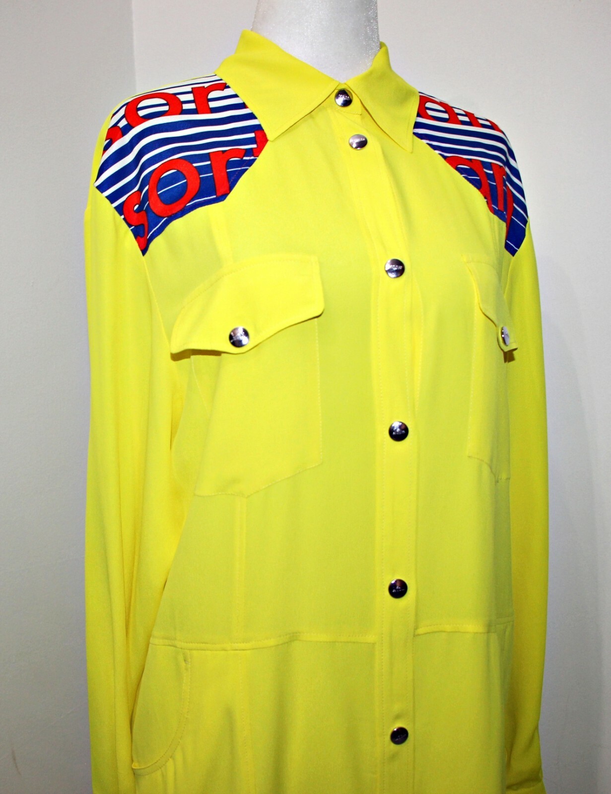 MSGM Yellow Chiffon Logo Snaps Shirt Dress sz US 6 / IT 40 $960 Made in Italy