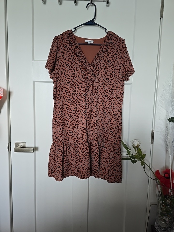 Ophelia Roe Dress Mini Cheetah Print V Neck Short Sleeve Lined Shift Dress M