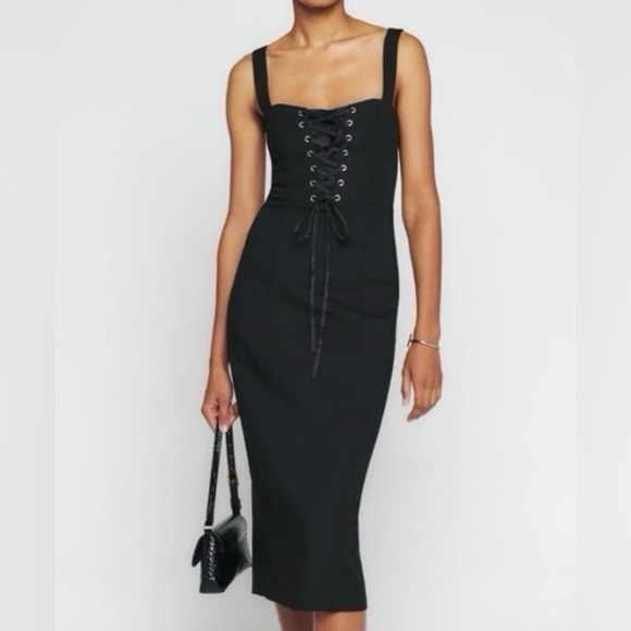 Reformation Black Square Neck Bodycon Midi Dress Strappy Sleeveless M