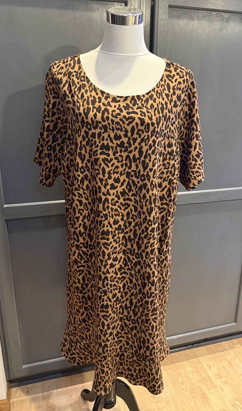 Lands’ End Cheetah Print Dress Sz 2X 20W-22W Ruffle Hem Brown Black Short Slv