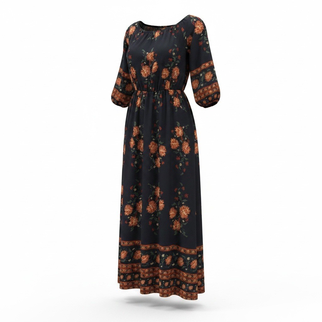 Boho Floral Midi Dress S Navy Orange Peasant Puff Bishop Sleeve Smocked Maxi