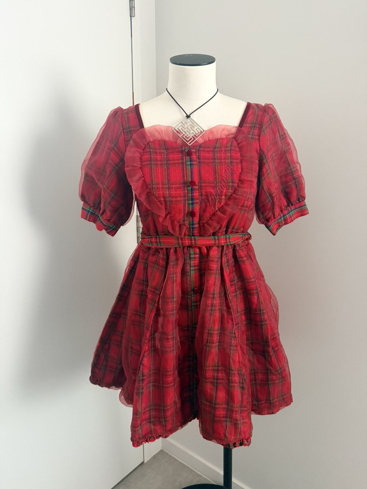 Vintage Liz Lisa Red Tartan Plaid Ruffle Dress Puff Sleeve Tie Waist