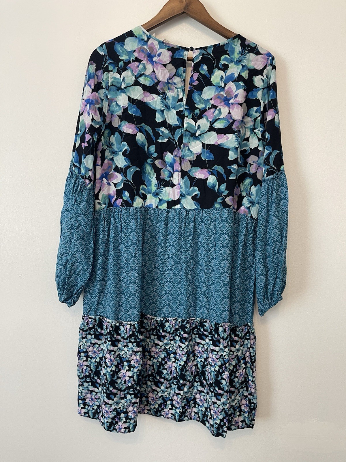 Soft Surroundings Night Bloom Tiered Boho Dress L Patchwork Blue Block Print