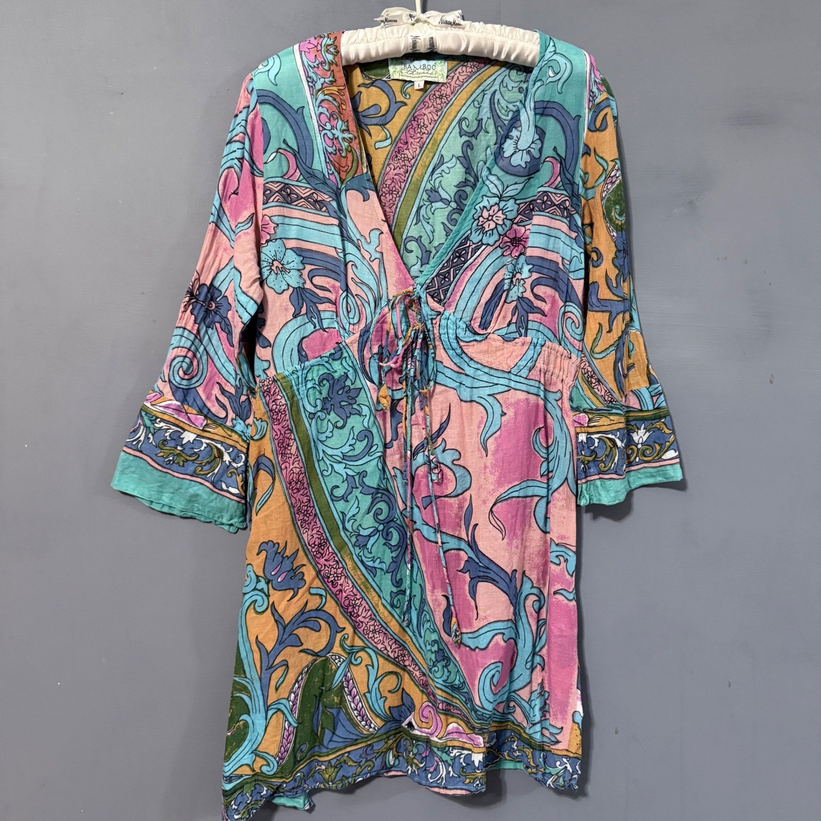 100% Cotton Summer Dress Bamboo Long Sleeve Tropical Paisley Large