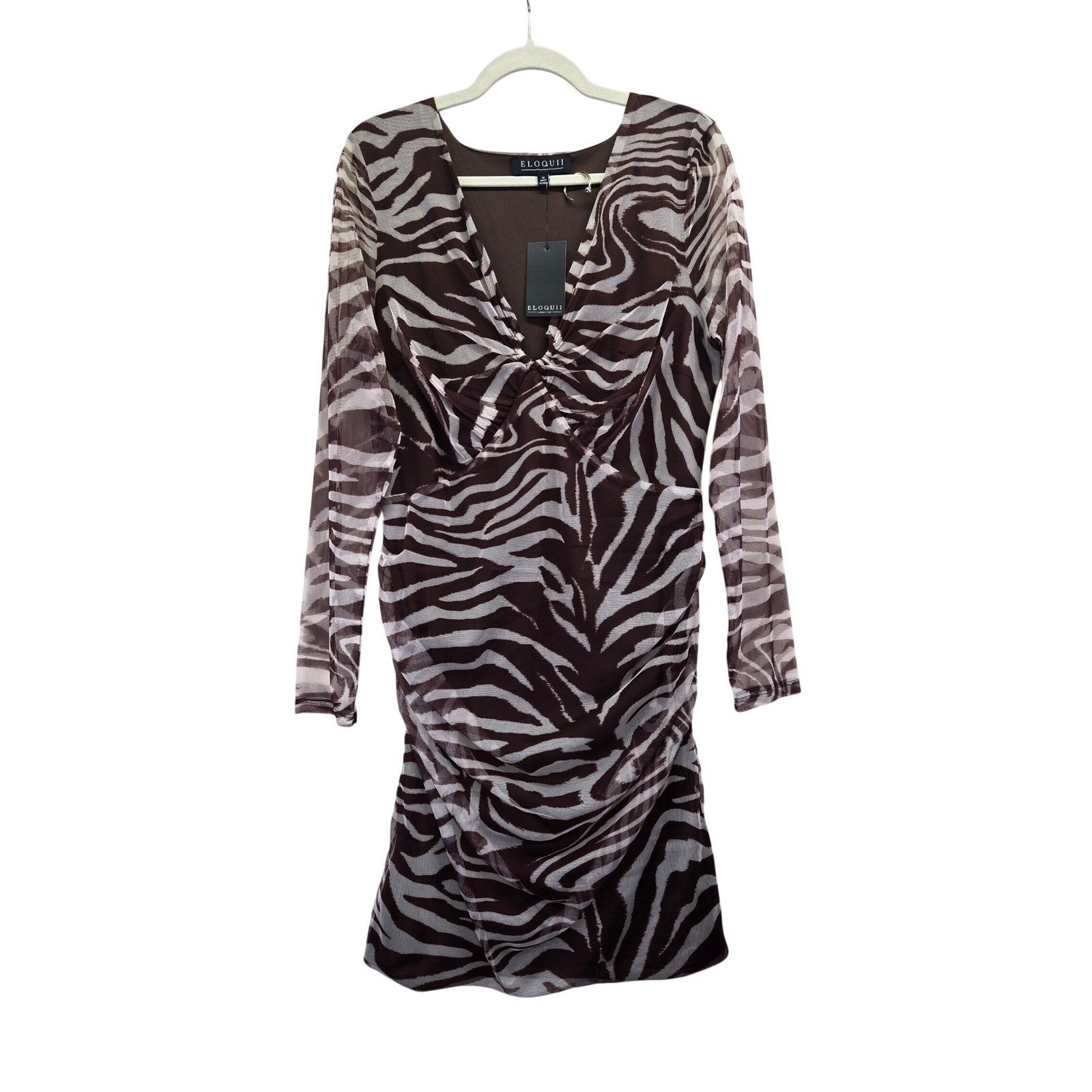 NWT Eloquii Brown Zebra Print Ruched Mesh Mini Dress Long Sleeve V-Neck Size 14