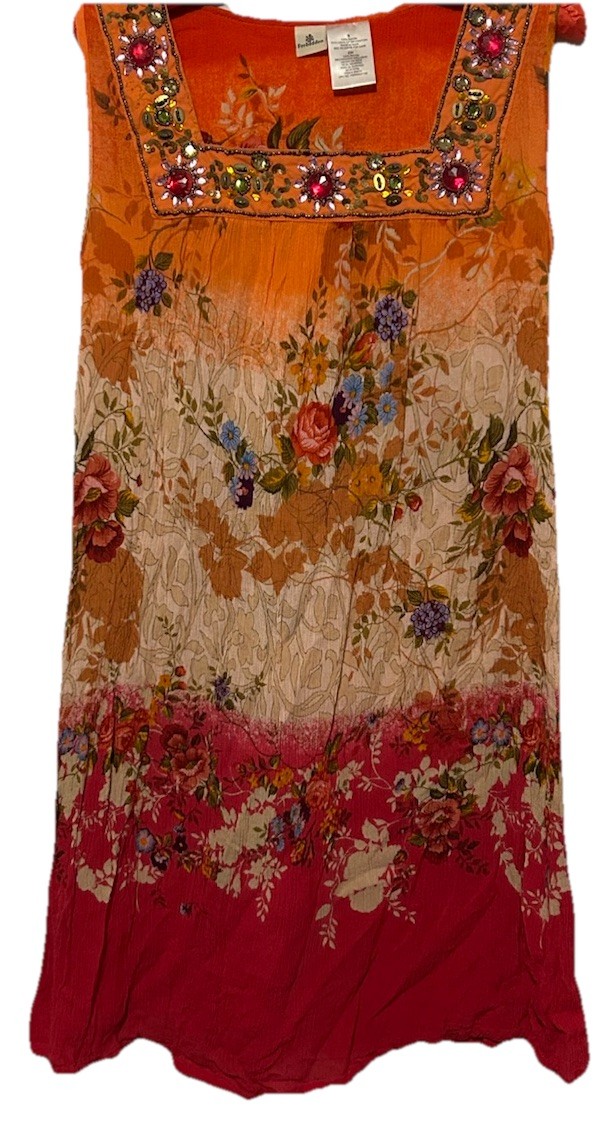 Forbidden Dress S Orange Floral Cottagecore Flowy Rayon Boho Beaded Sundress