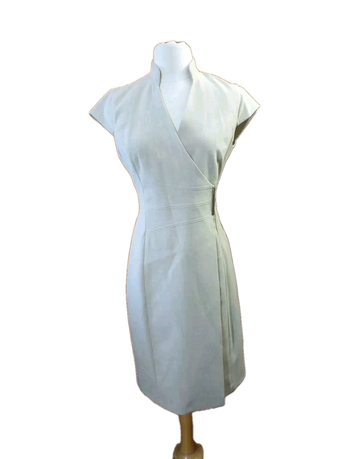 Calvin Klein Cap Sleeve Dress Sz 4 Band Collar Side Buckle Beige Wrap Dress