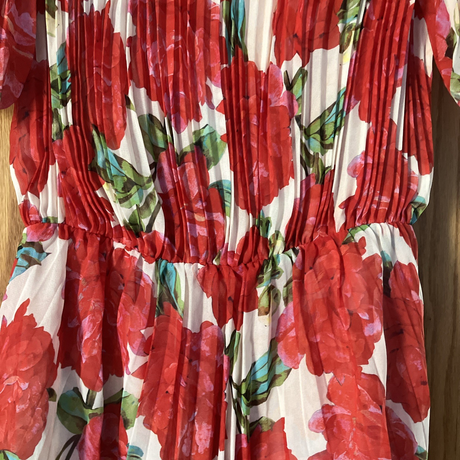 NWT The Kooples Red Floral Roses Pleated Midi Dress Handkerchief Hem Sz 2 PRETTY