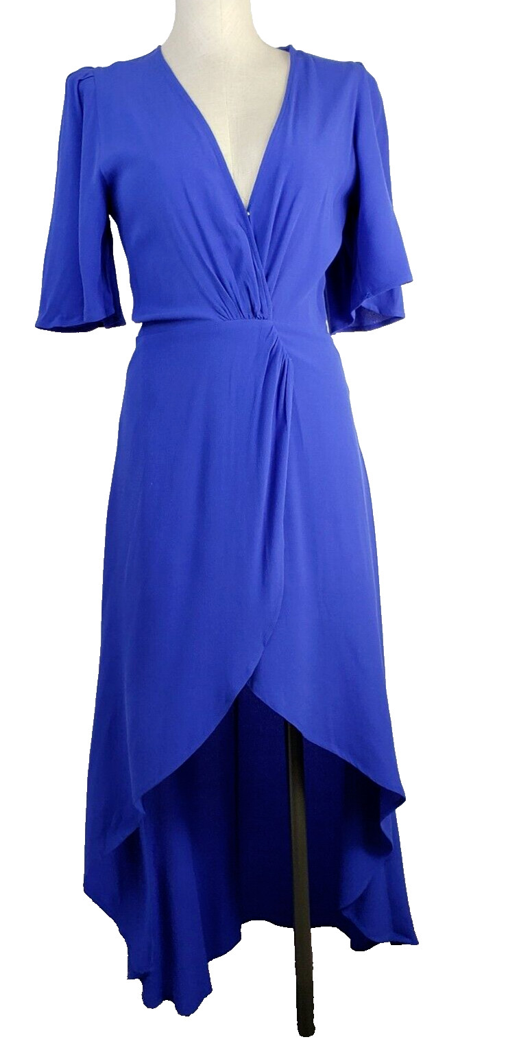 Mod Ref Womens Wrap Dress Size Small Bell Sleeves Blue Flowy Lined Tulip Hem