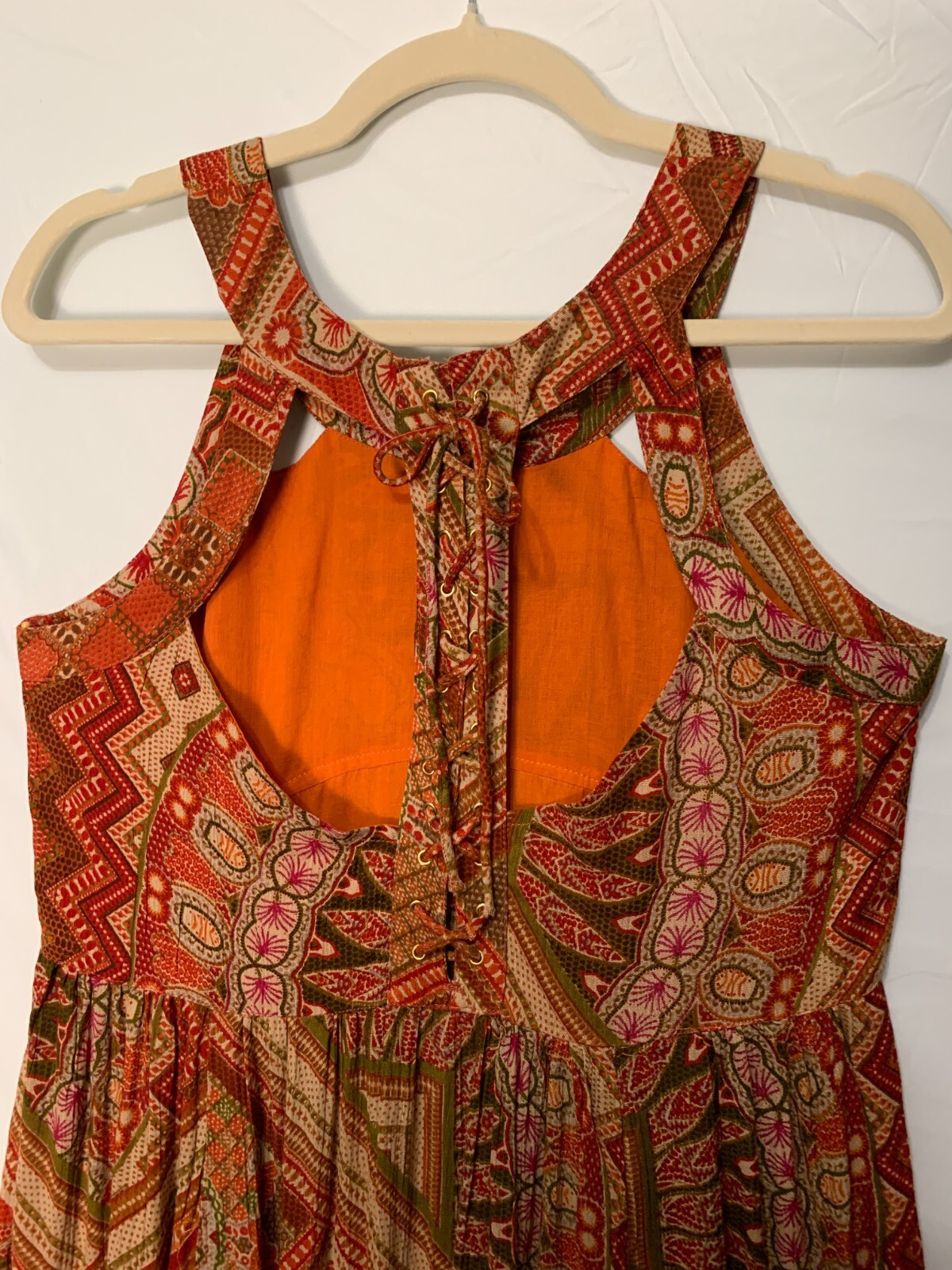 Raga LA Size Medium Boho Beach Party Dress Aztec Print Flounce Hem Open Back NWT