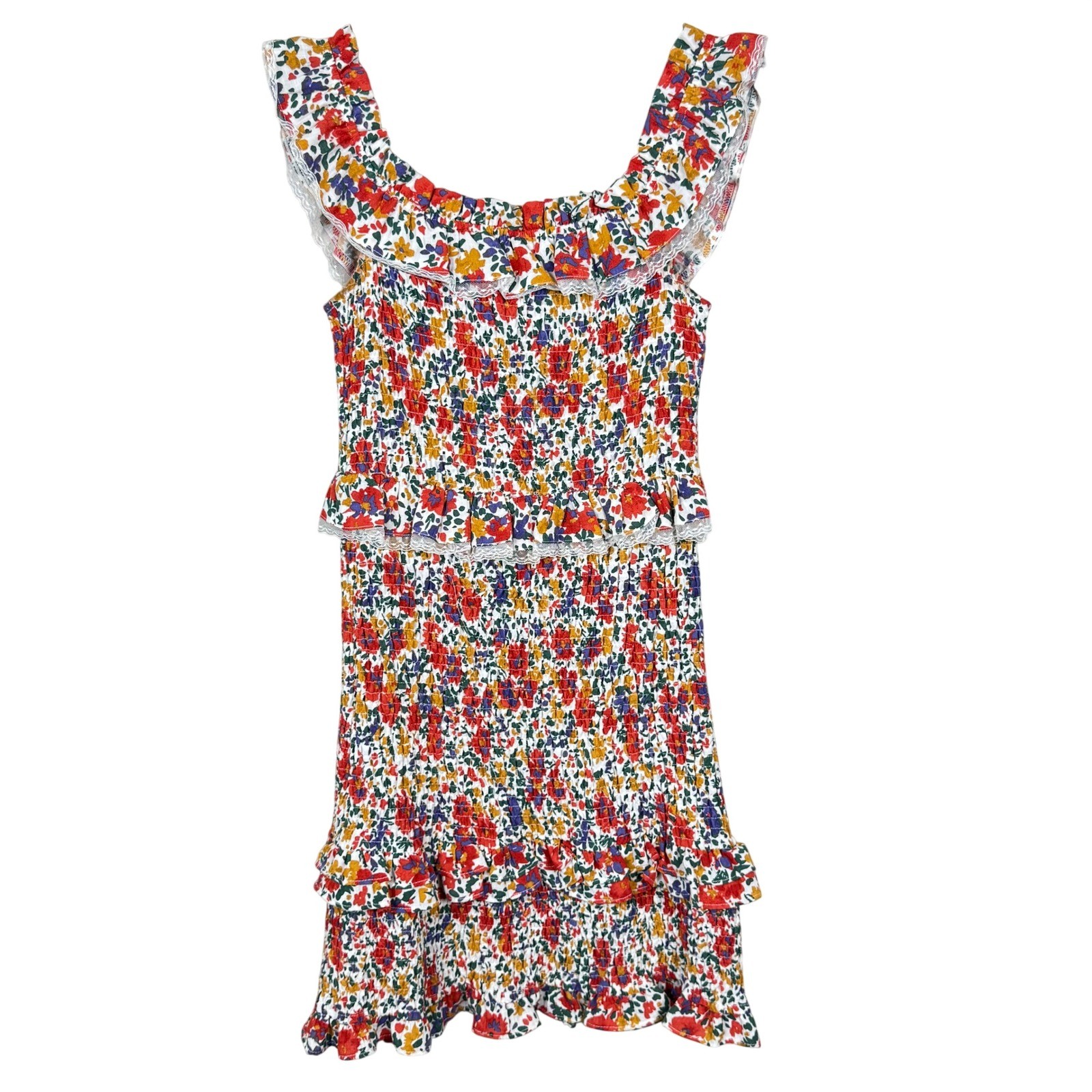 ASTR The Label Floral Smocked Mini Dress Ruffle Lace Trim ADR100611 Womens M