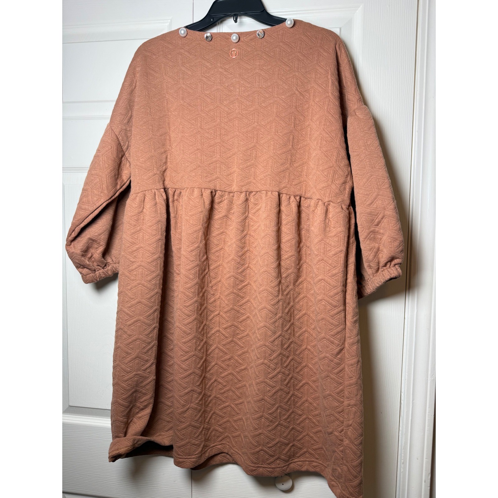Simply Southern Mocha Quilted Puff Sleeve Babydoll Dress Pearl Rhinestone Large