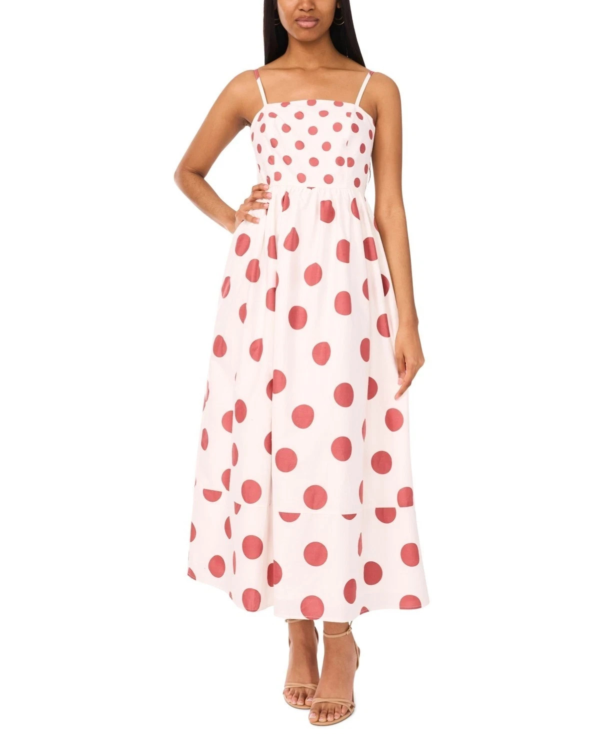 CeCe Polka Dots Cotton-Blend Strap Smocked-Back Maxi Dress Size XL White $109