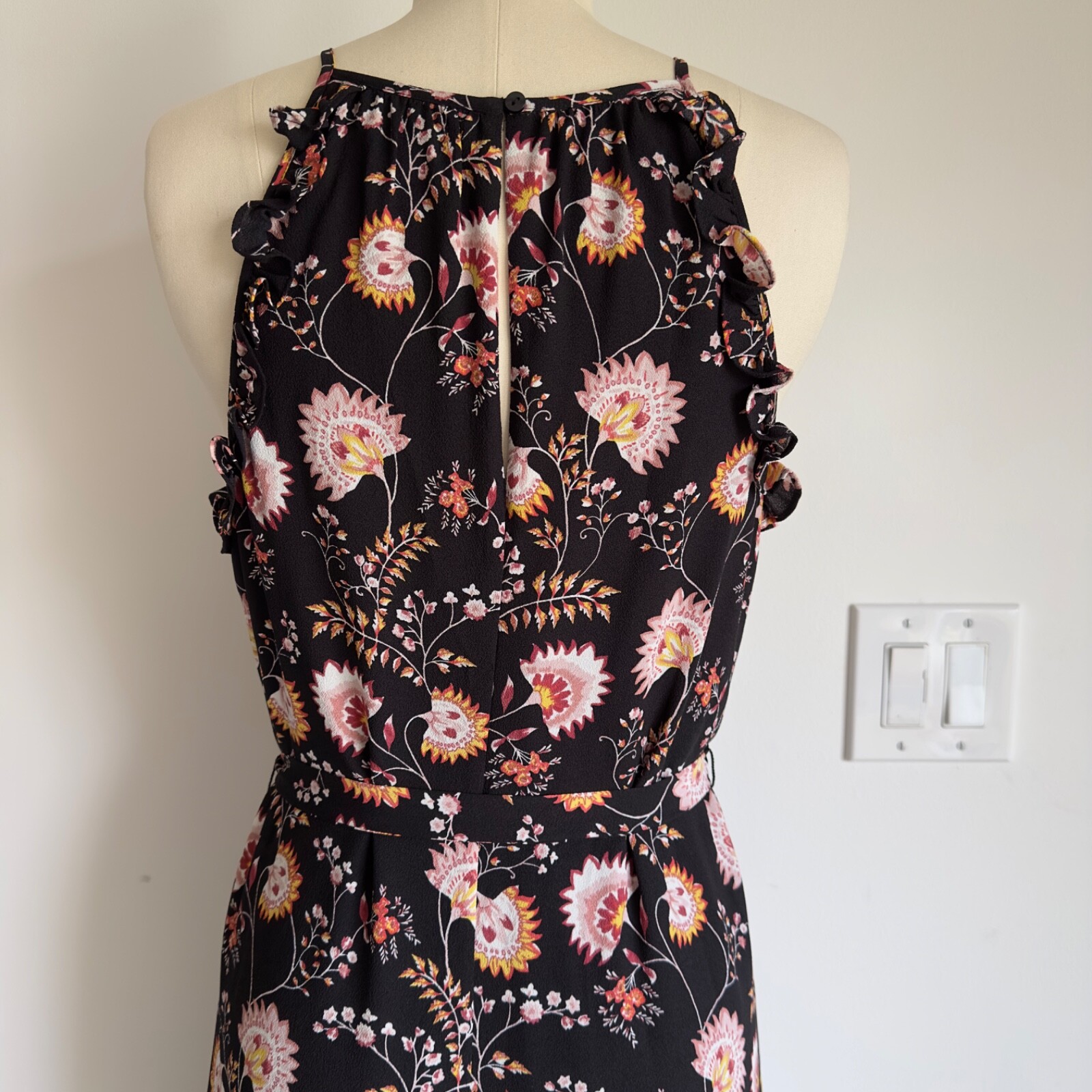 1. STATE High Neck Floral Sleeveless Ruffle Maxi Dress-Size Small-Black Floral
