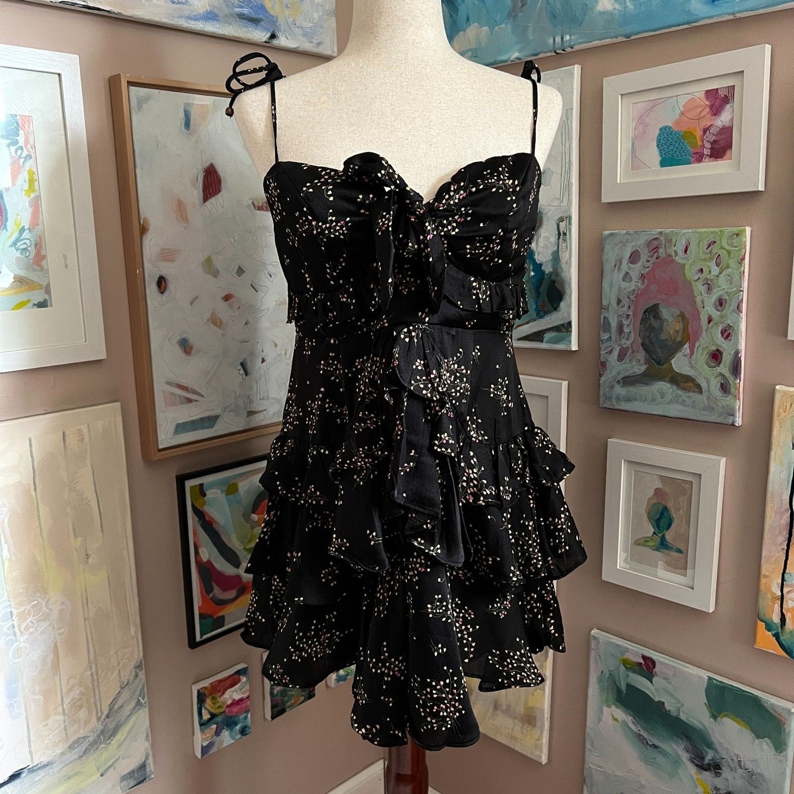 Selfie Leslie Flower Child Black Floral Ruffle Tie Mini Dress Wedding Guest L