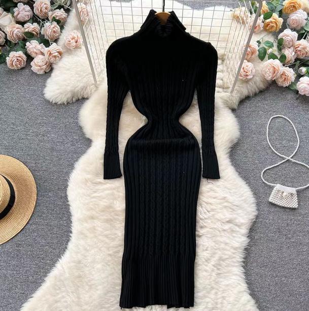 Women Autumn Winter Slim High Neck Long Sleeves Long Dress Knitted Sweater Dress